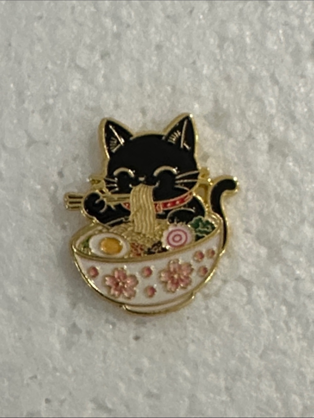 Black Cat Ramen Enamel Pin - Cute Cat Eating Noodles